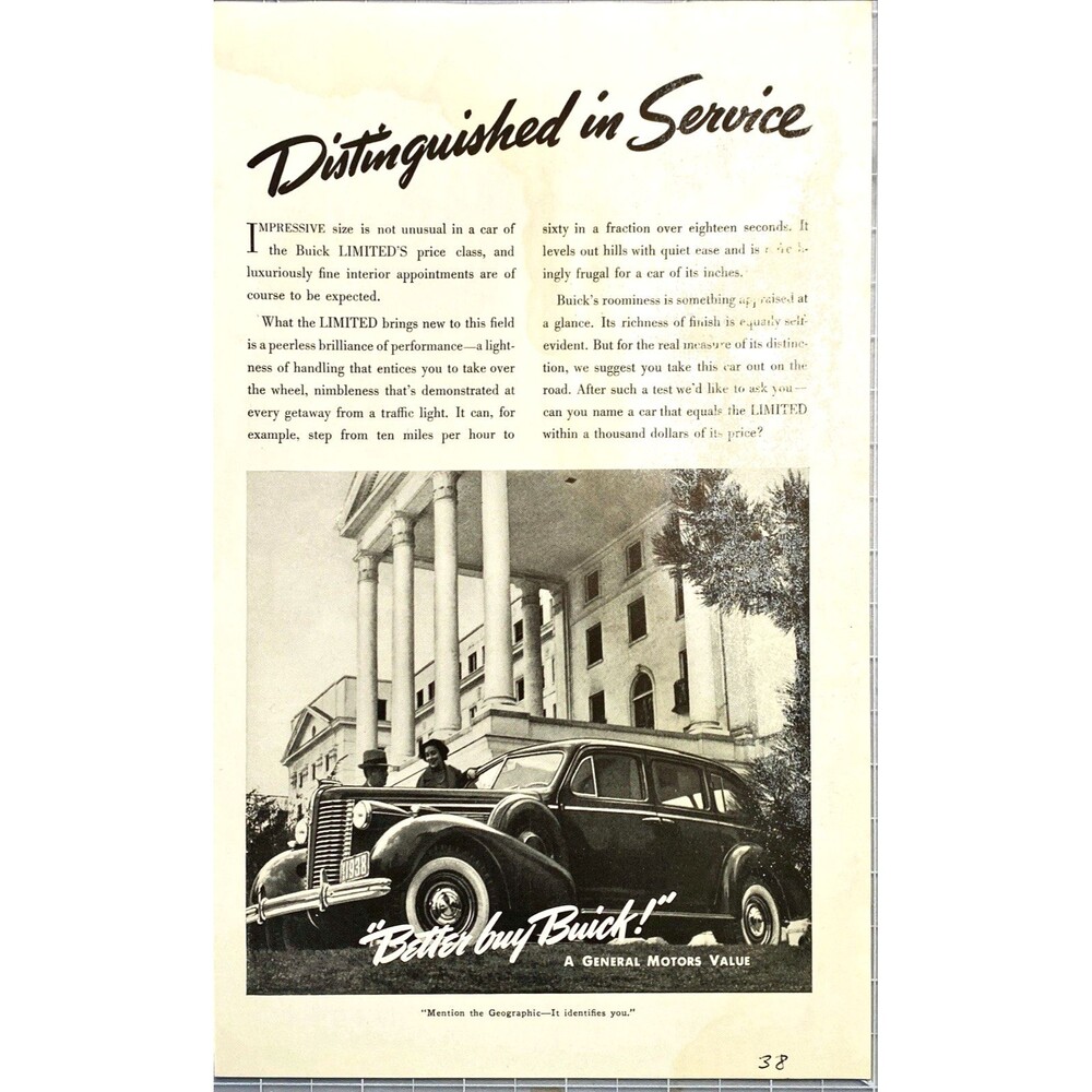 Buick "Distinguished in Service-Better Buy Buick" Vintage Print Ad 1938